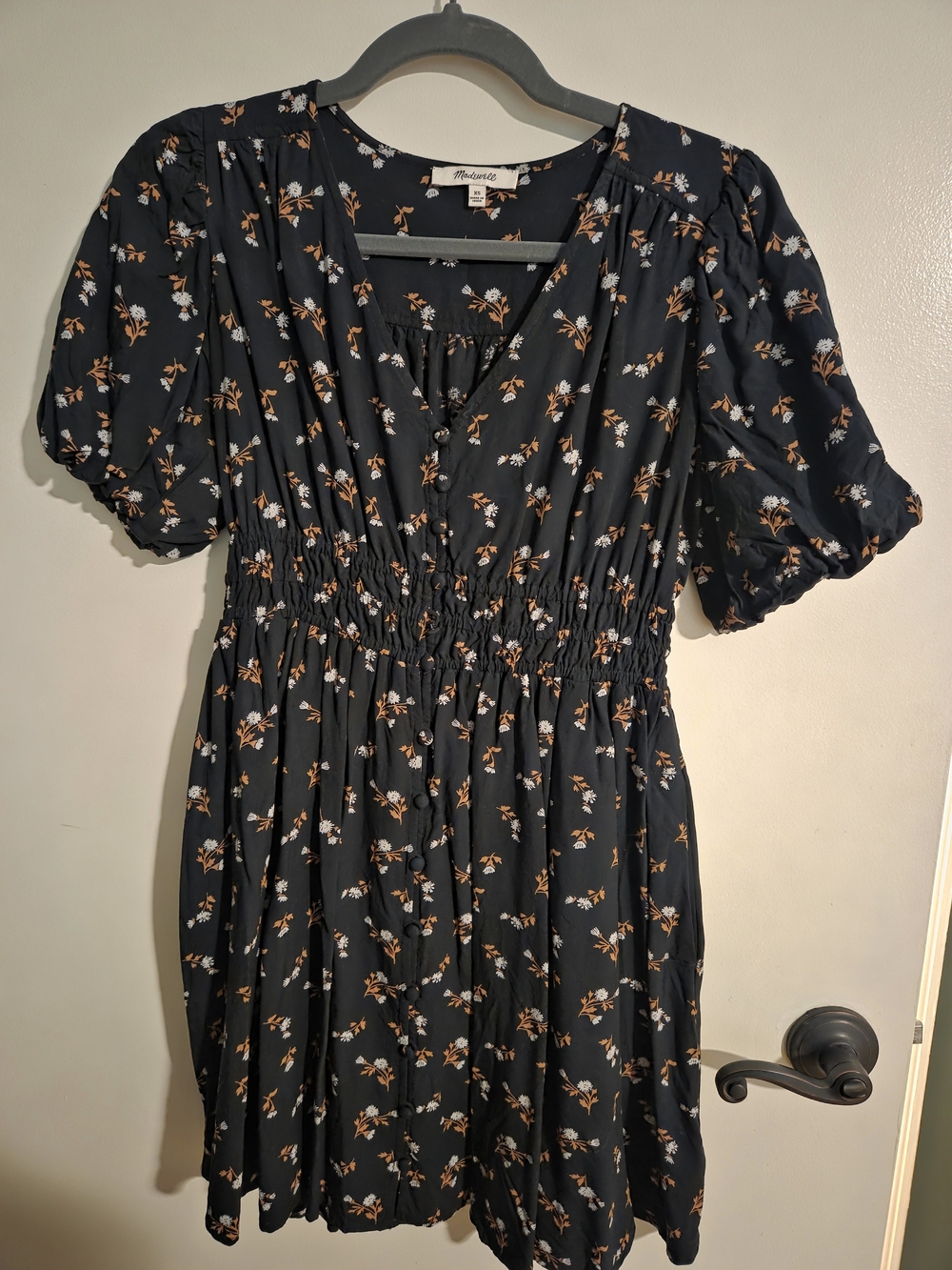 Madewell Black Mini Dress with Tan and White Floral Print
